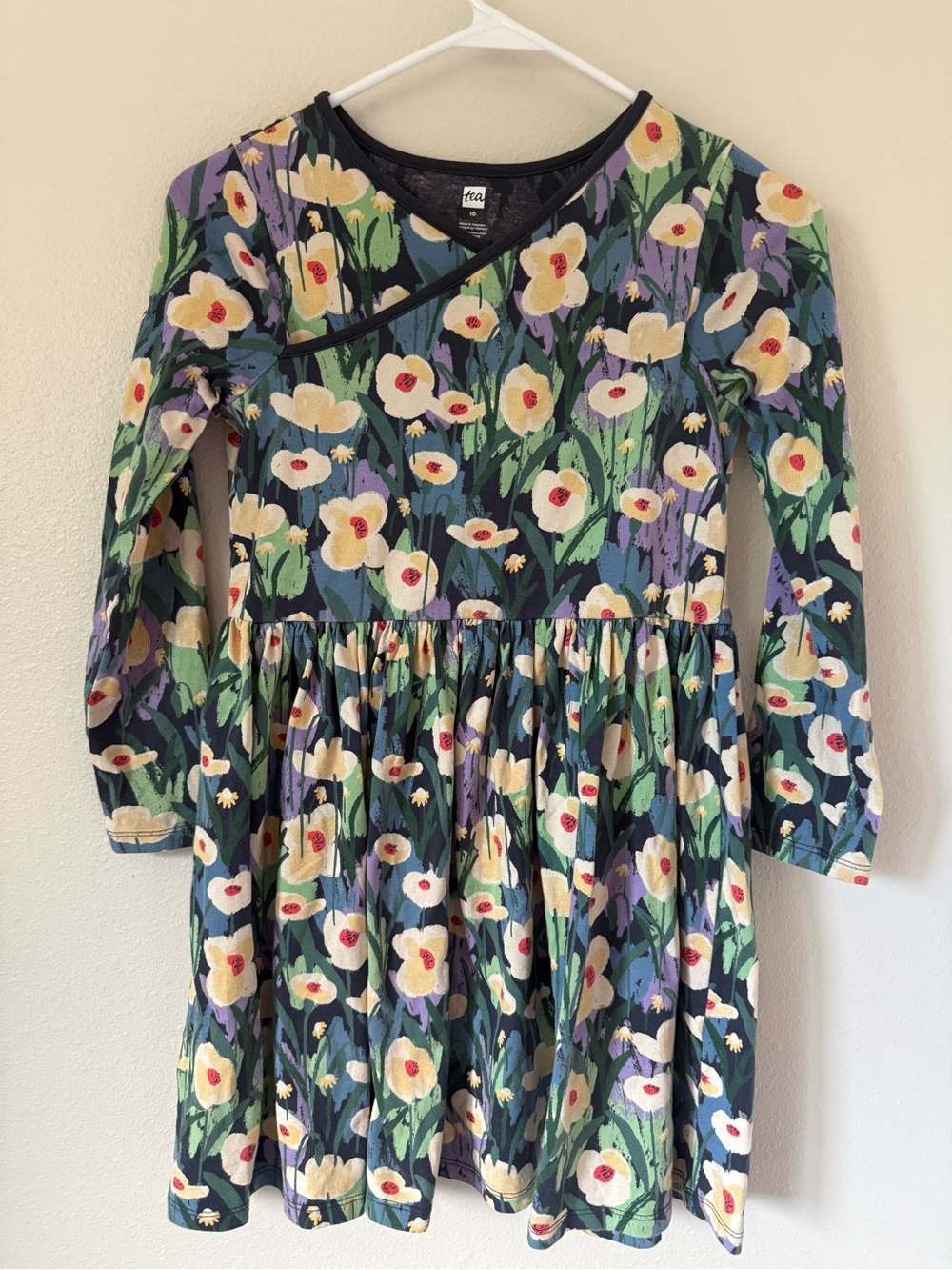 Tea Collection Long Sleeve Wrap Neckline Floral Dress Blue Lavender Green 10